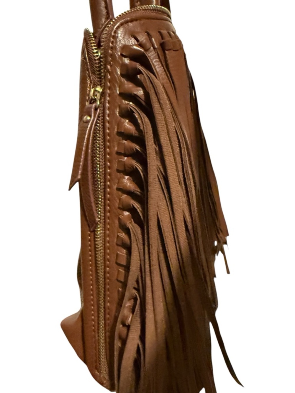 Fringed Brown Side Zip Leather Shoulder Bag - Picture 4 of 10